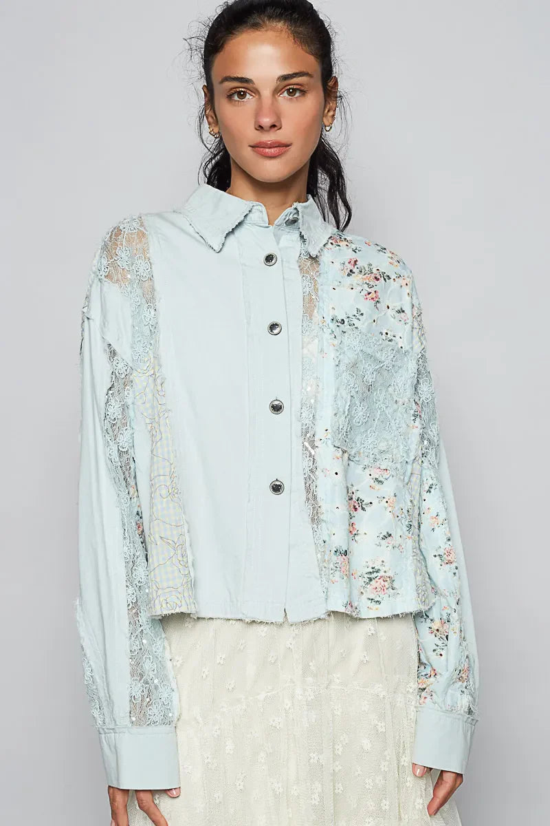 POL Floral Long Sleeve Shirt with Lace Panel Details
