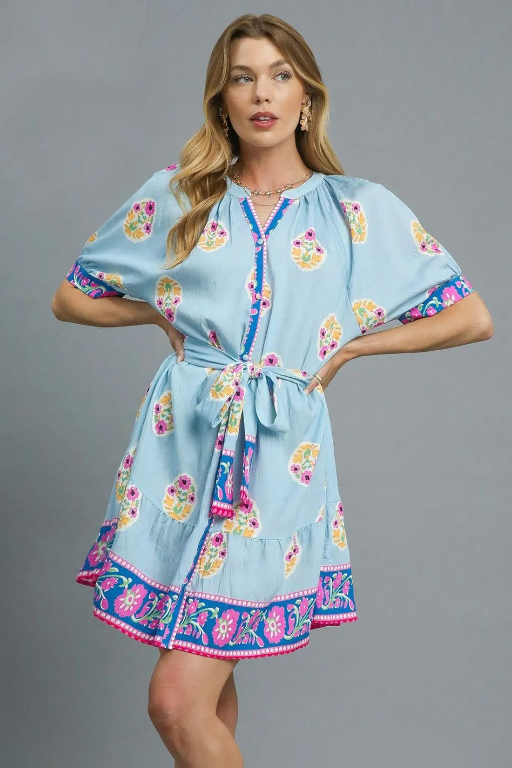 Whimsical Floral Print Tie Waist Short Sleeve Dress