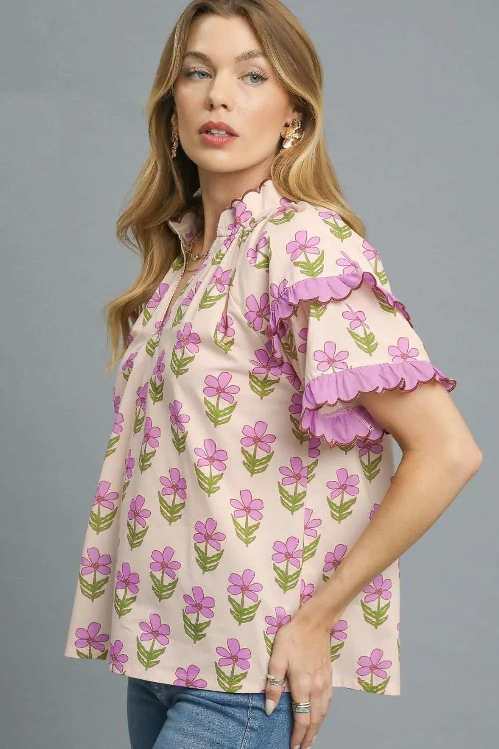 Umgee Floral Print Ruffle Short Sleeve Blouse