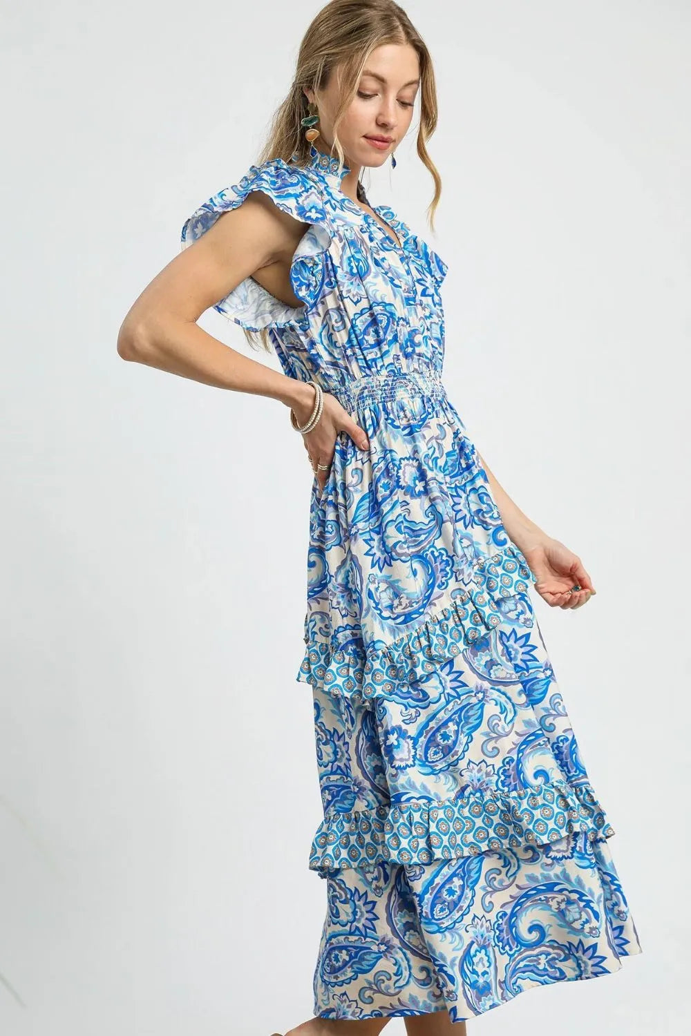 Seaglass Paisley Swirls Ruffle Sleeve Midi Dress
