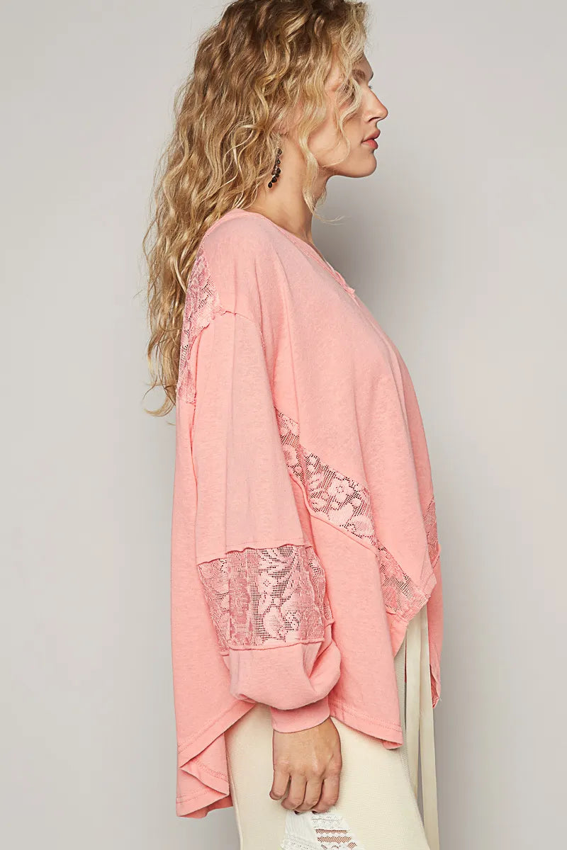 POL Rose Quarts V-Neck Long Sleeve T-Shirt with Lace Detail