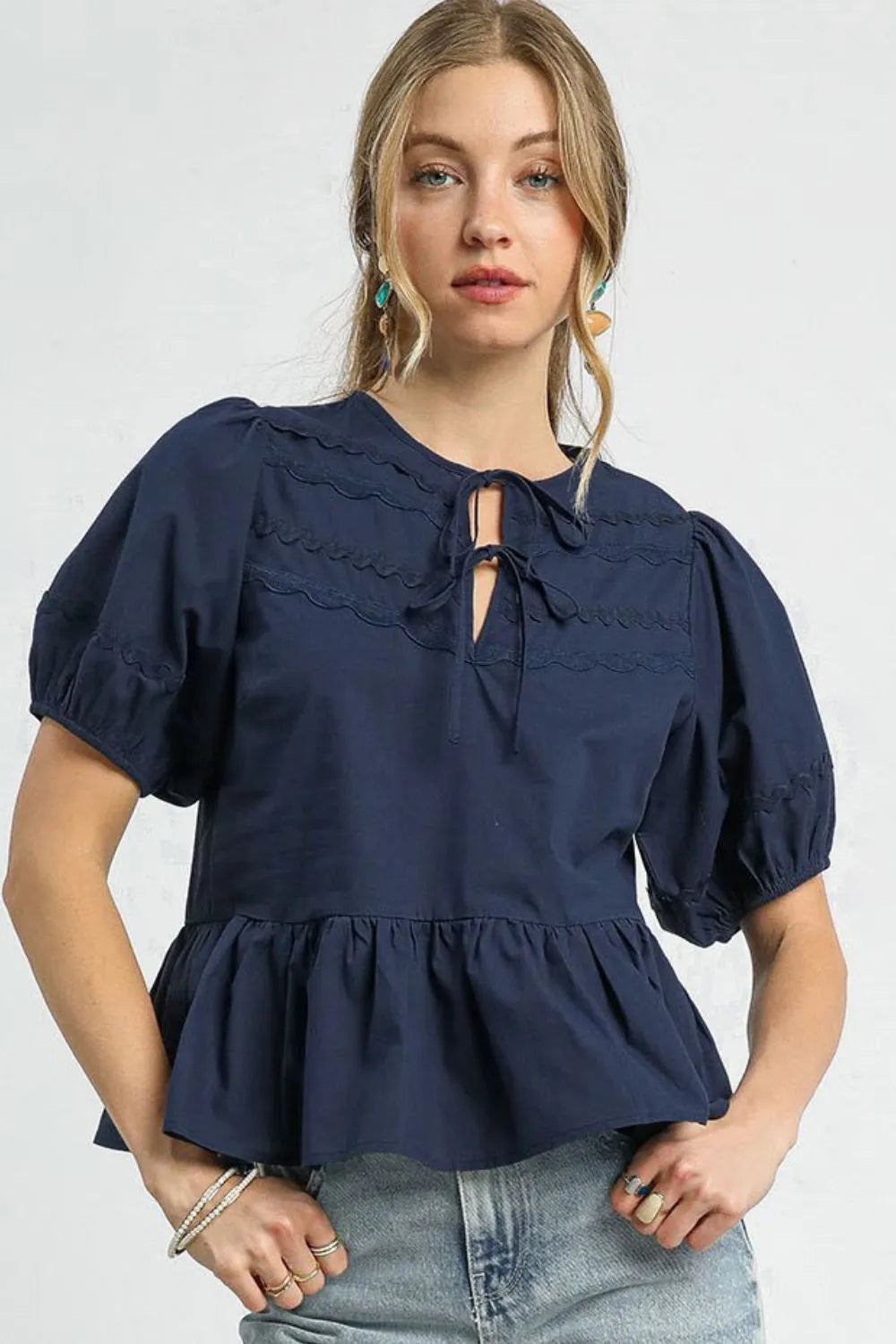 Umgee Tie Front Puff Sleeve Blouse