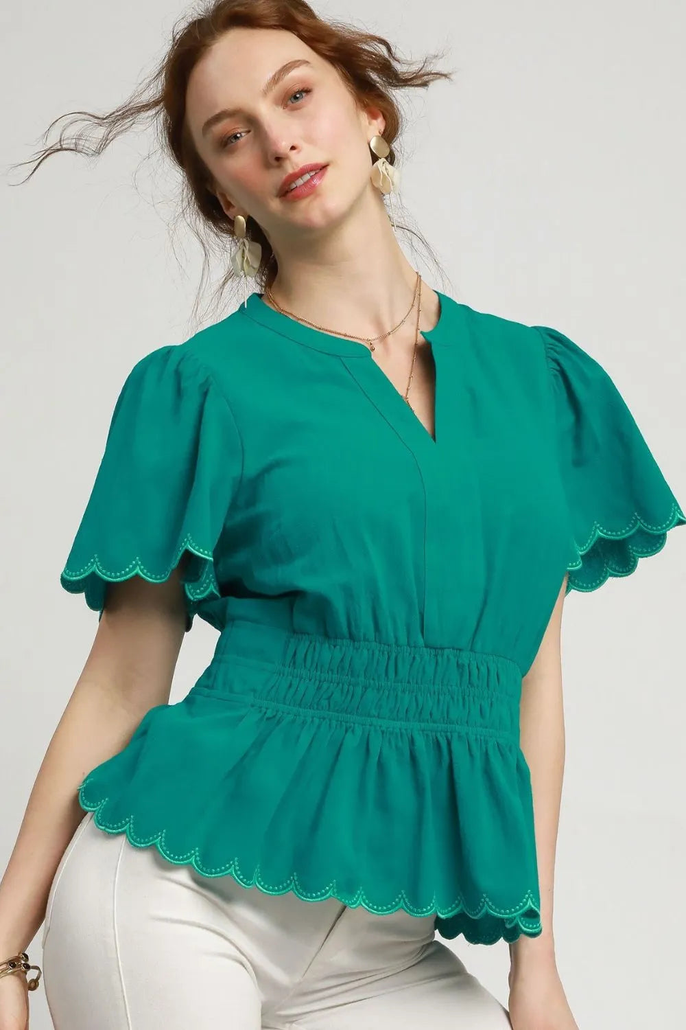 Enchanting Emeralds Scalloped Edge Flutter Sleeve Blouse