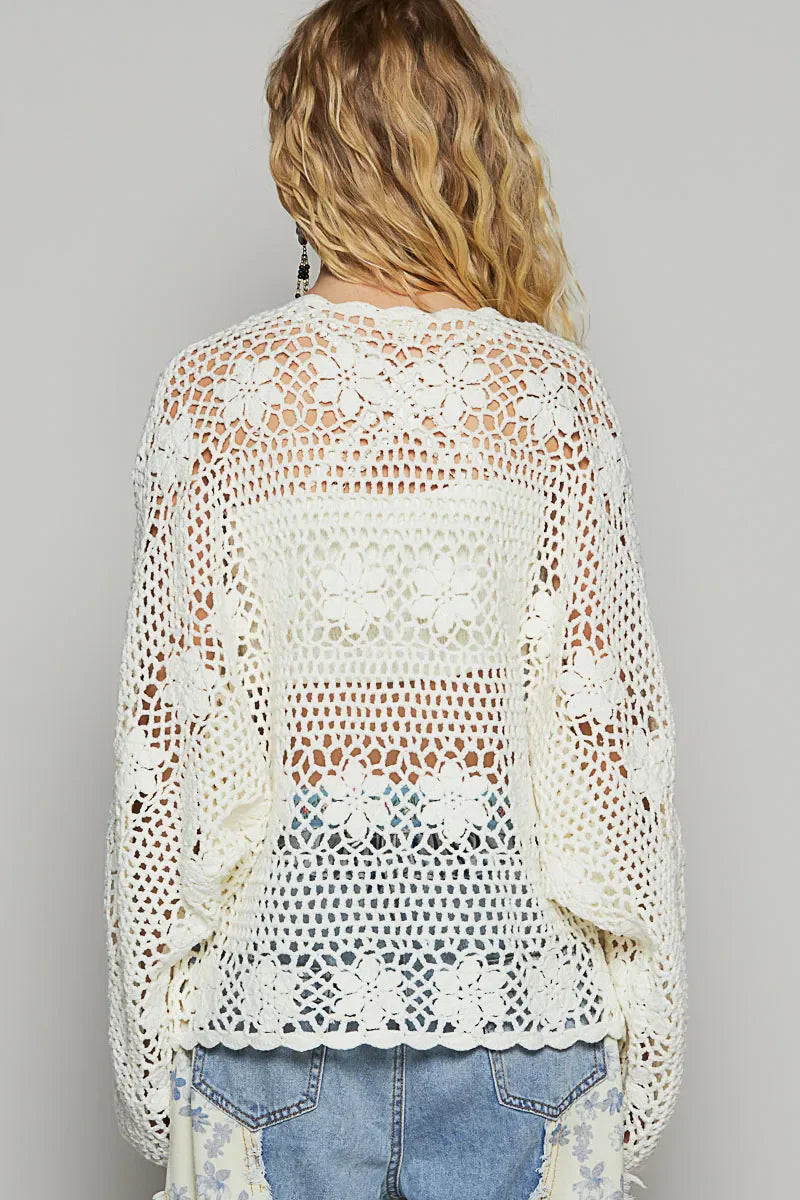 POL Crochet Open-Front Cardigan