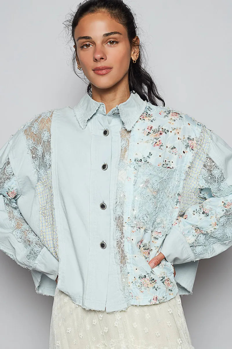 POL Floral Long Sleeve Shirt with Lace Panel Details