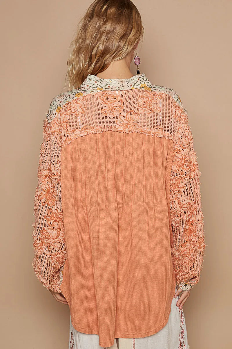 POL Sunset Sky Floral Half Button Lace Detail Long Sleeve Top